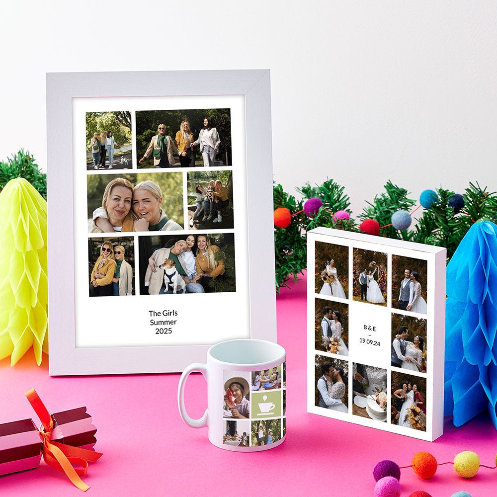 Display of Christmas gifts using photo collages